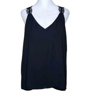 LOFT Black Lace Back V-Neck Camisole Romantic Eyelash Illusion Top Chic Medium